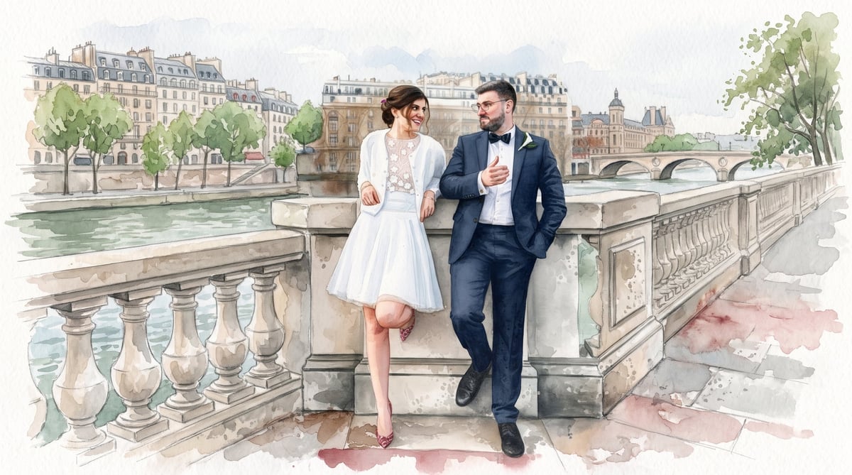 Couple in wedding attire standing on a Parisian bridge overlooking the Seine River and historic architecture