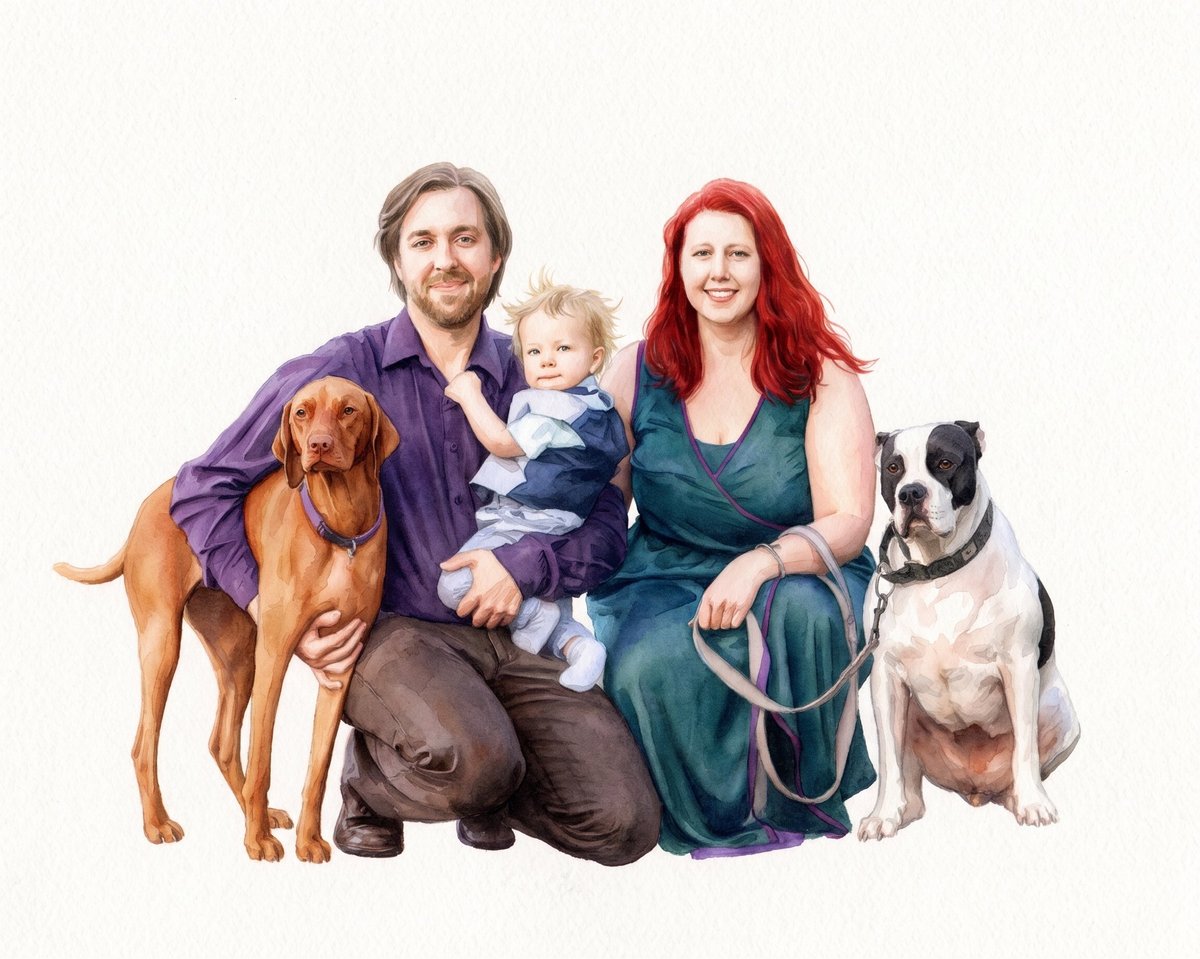 Family of four posing with two dogs. Man in purple shirt, woman with red hair in green dress holding toddler, brown dog and black and white dog.
