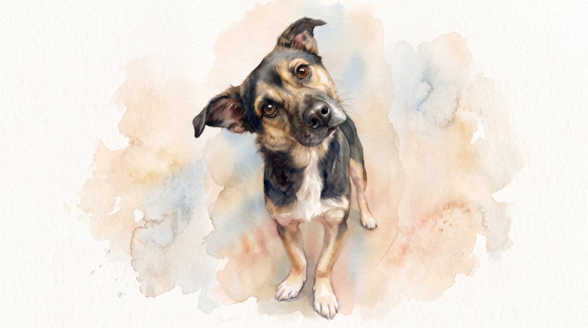 Watercolor illustration of a black and tan dog with tilted head looking upward against soft beige and blue washed background
