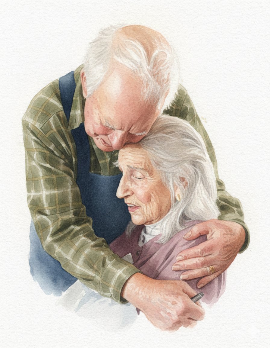 Watercolor portrait of an elderly man embracing an elderly woman from behind, both with white hair