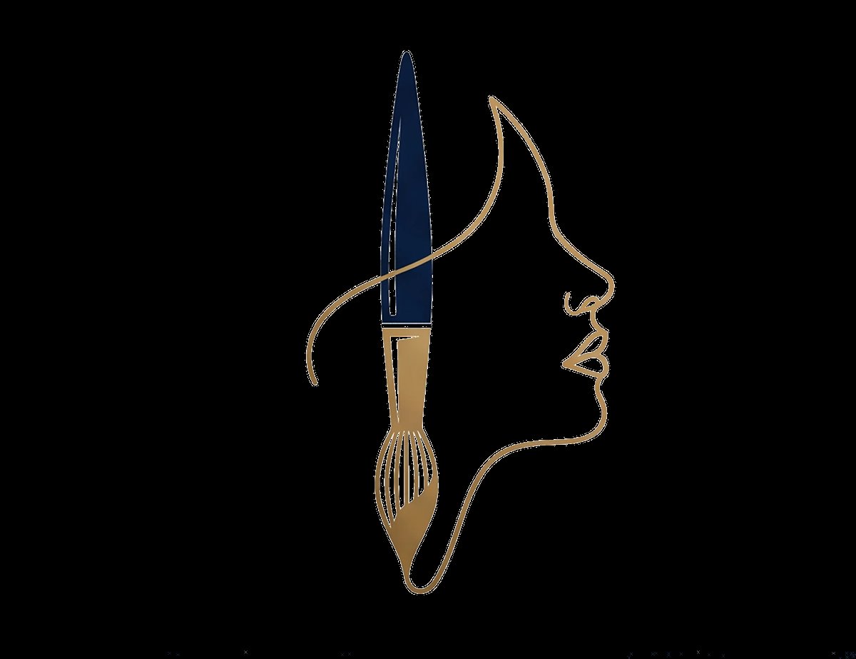 Profile of a human head outlined in gold with a paintbrush inserted through it, featuring a dark blue bristle and tan handle