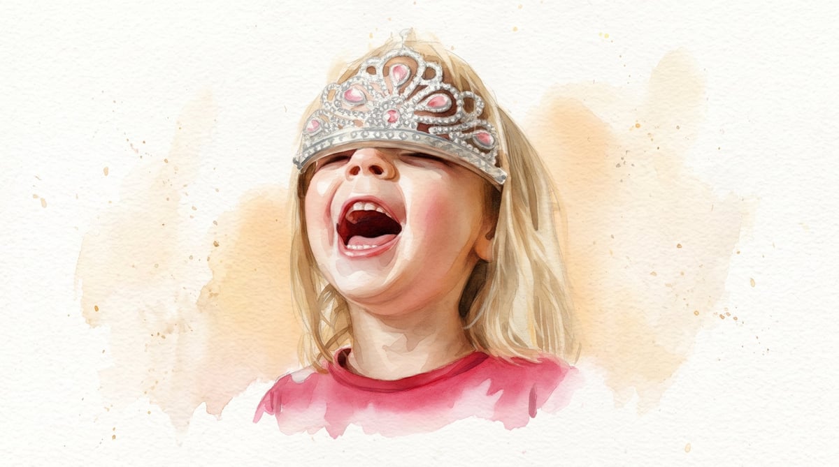 Young child wearing a pink shirt and sparkly tiara, laughing joyfully with watercolor effect background