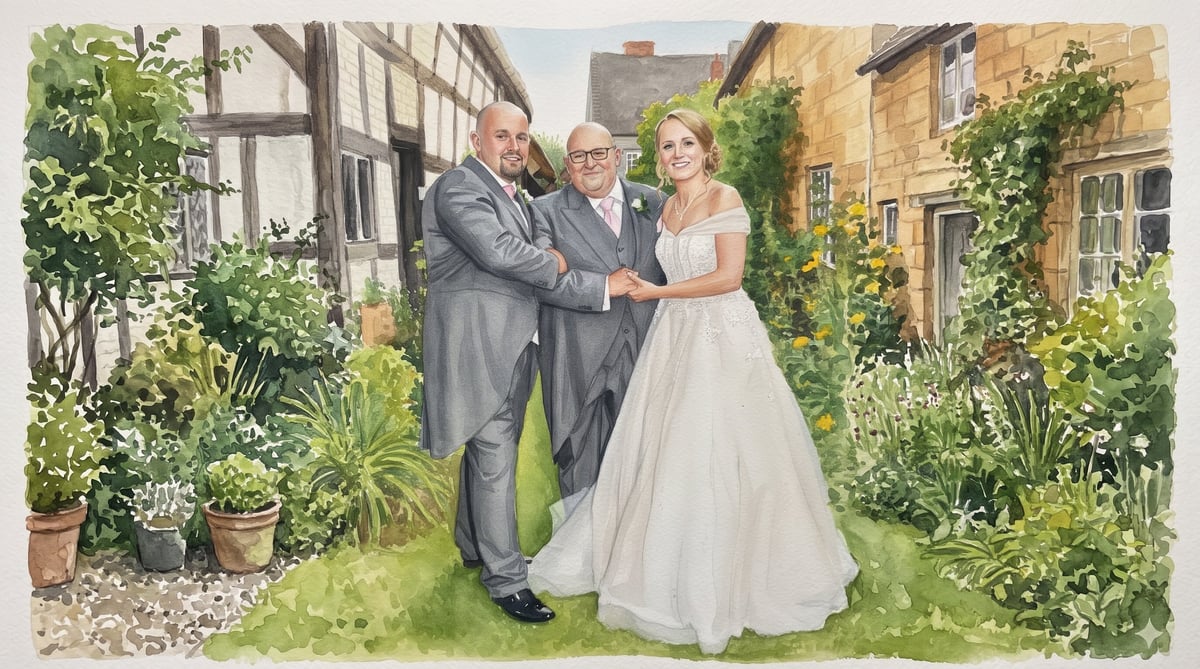 Bride and groom exchange rings during outdoor garden wedding ceremony with officiant