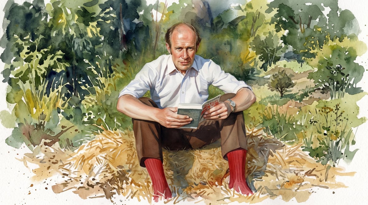 Man crouching in garden wearing red boots, surrounded by green plants and straw mulch